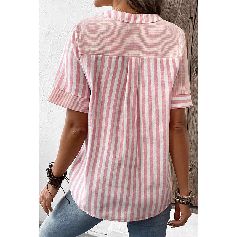 Women's Plus-Size Asymmetrical Striped Patchwork Cotton-Linen Top