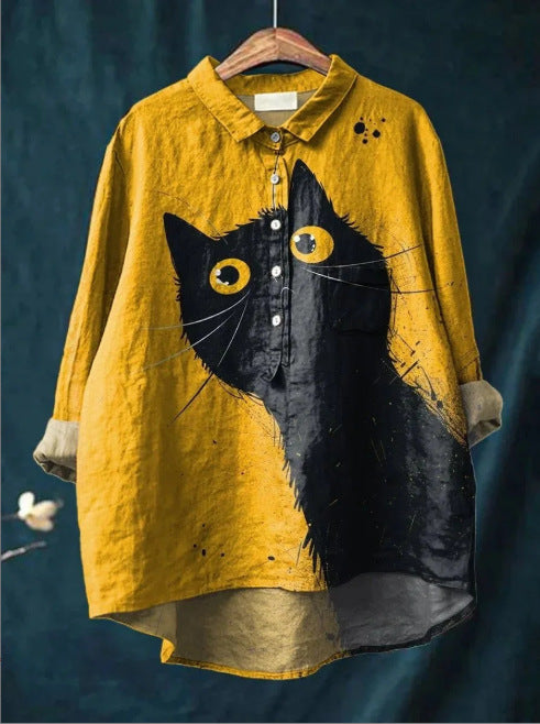 Women's Summer Loose-Fit Printed Lapel Casual European-Size Shirt
