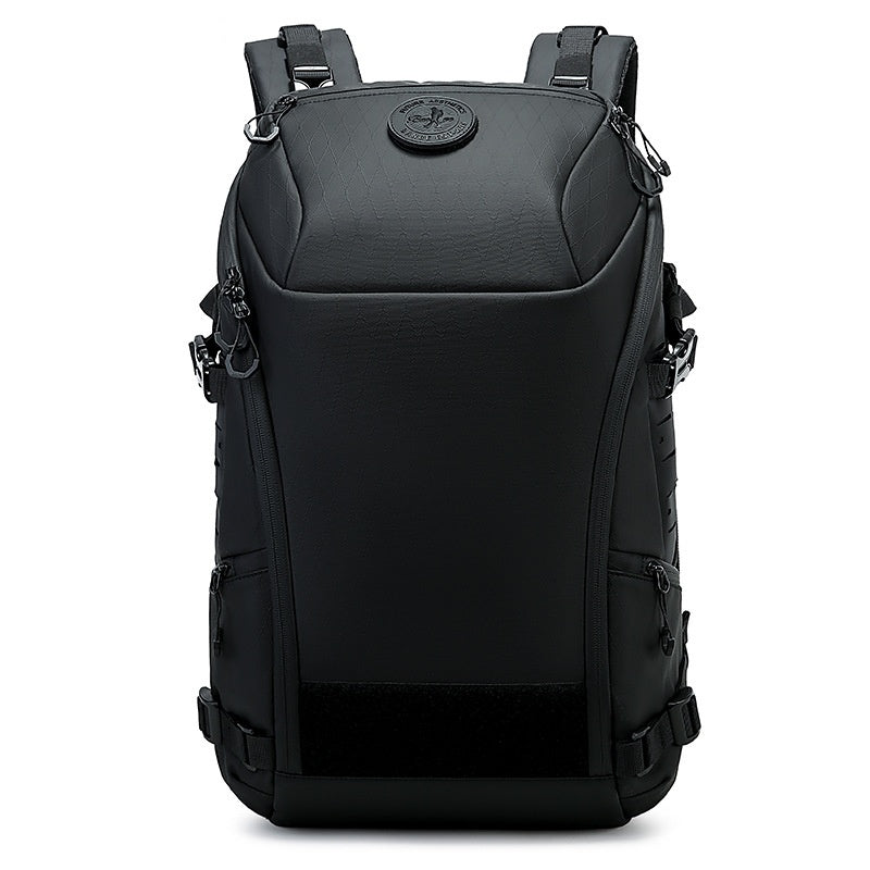 High-capacity multi-functional outdoor adventure backpack in durable fabric with multiple compartments and adjustable straps.