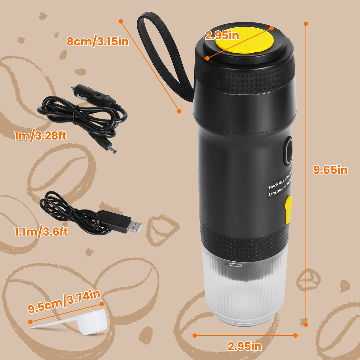 Portable electric espresso machine by Bucciato, cordless self-heating coffee maker for ground coffee, capsules, car, camping, and home use.