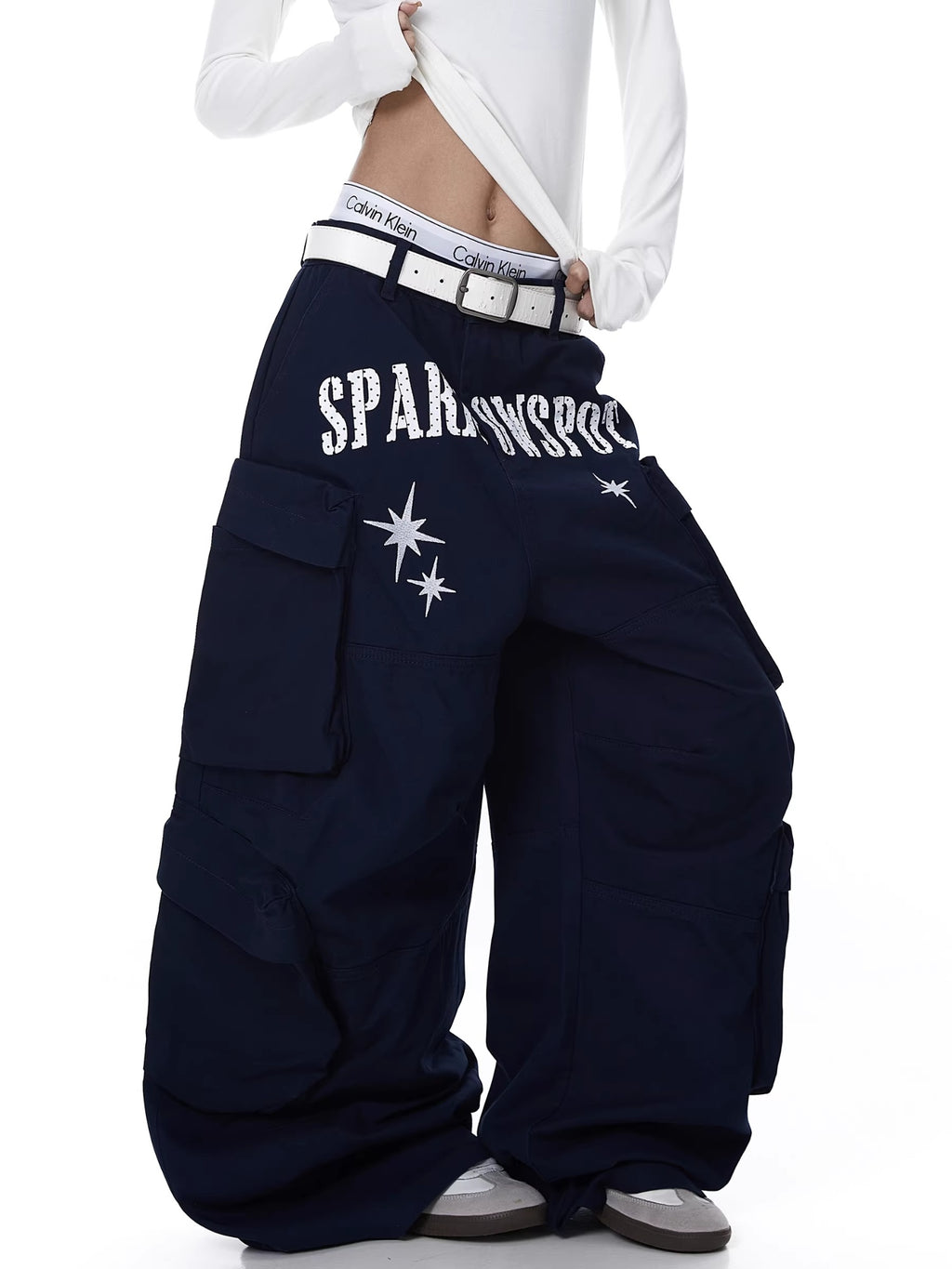 Womens American-style Deconstructed Letter-print Embroidered Design Workwear Pants