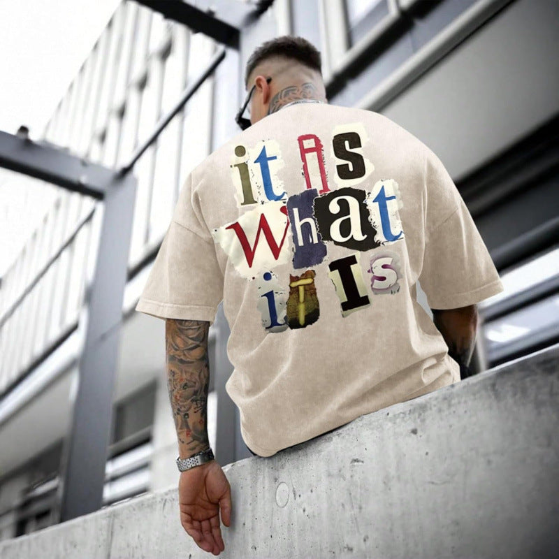 Men's Letter-Print Vintage Oversized T-Shirt