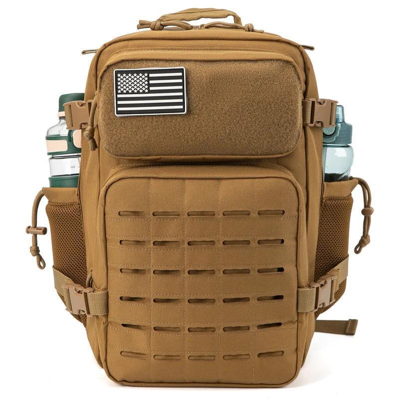 Mens tactical double-cup hunting backpack with multiple compartments, adjustable straps, and durable materials for outdoor use.