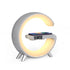 G Shaped LED Lamp Bluetooth speaker with wireless charging and app control, ideal for bedroom or home decor ambiance.
