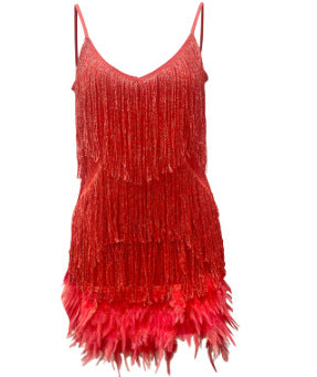 Tassel Sequins Feather Summer Mini Dress Women V Neck Spaghetti Strap Stitching Dresses Female Elegant Evening Party Club Dress