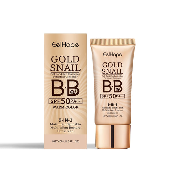 Golden Snail Sunscreen BB Cream, imported sun protection with repair and glow-enhancing properties, visible in the tube and application.