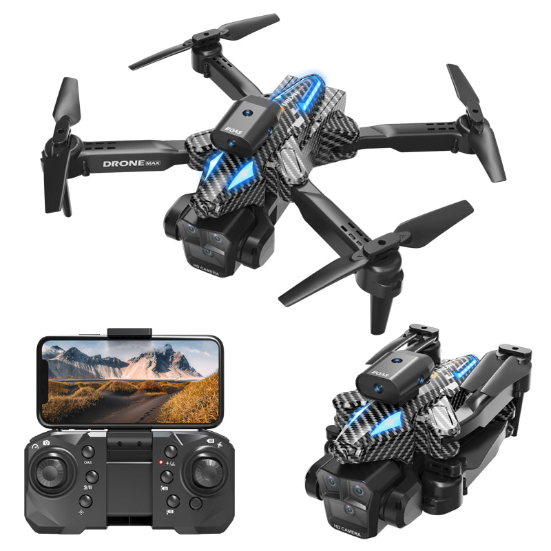Black C10 three-camera aerial drone with foldable design, featuring multiple camera lenses and compact foldable body.