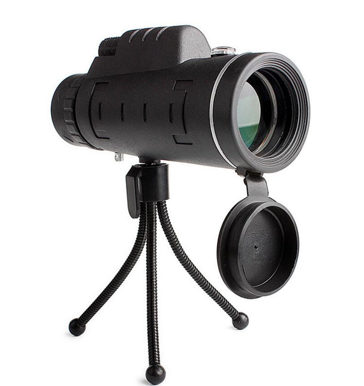 Bucciato compatible monocular telescope with zoom, built-in compass, phone clip, and tripod for outdoor viewing and navigation.