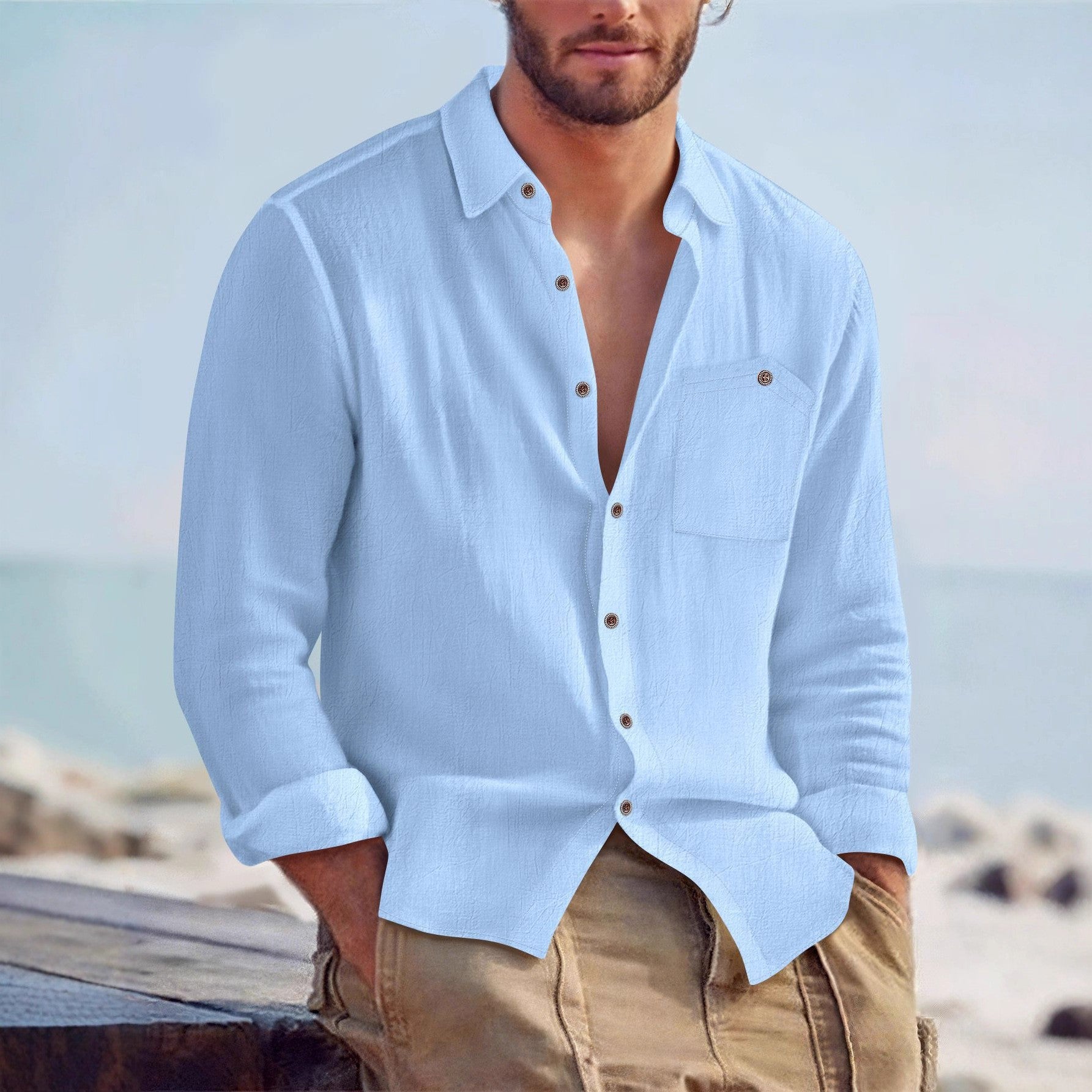 Men's Linen Loose-fit Solid-color Lapel Cardigan Shirt
