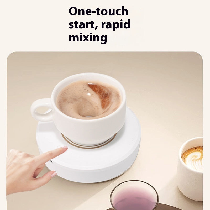 Rechargeable magnetic coffee stirring coaster from Bucciato, a smart kitchen gadget for automatic beverage stirring.