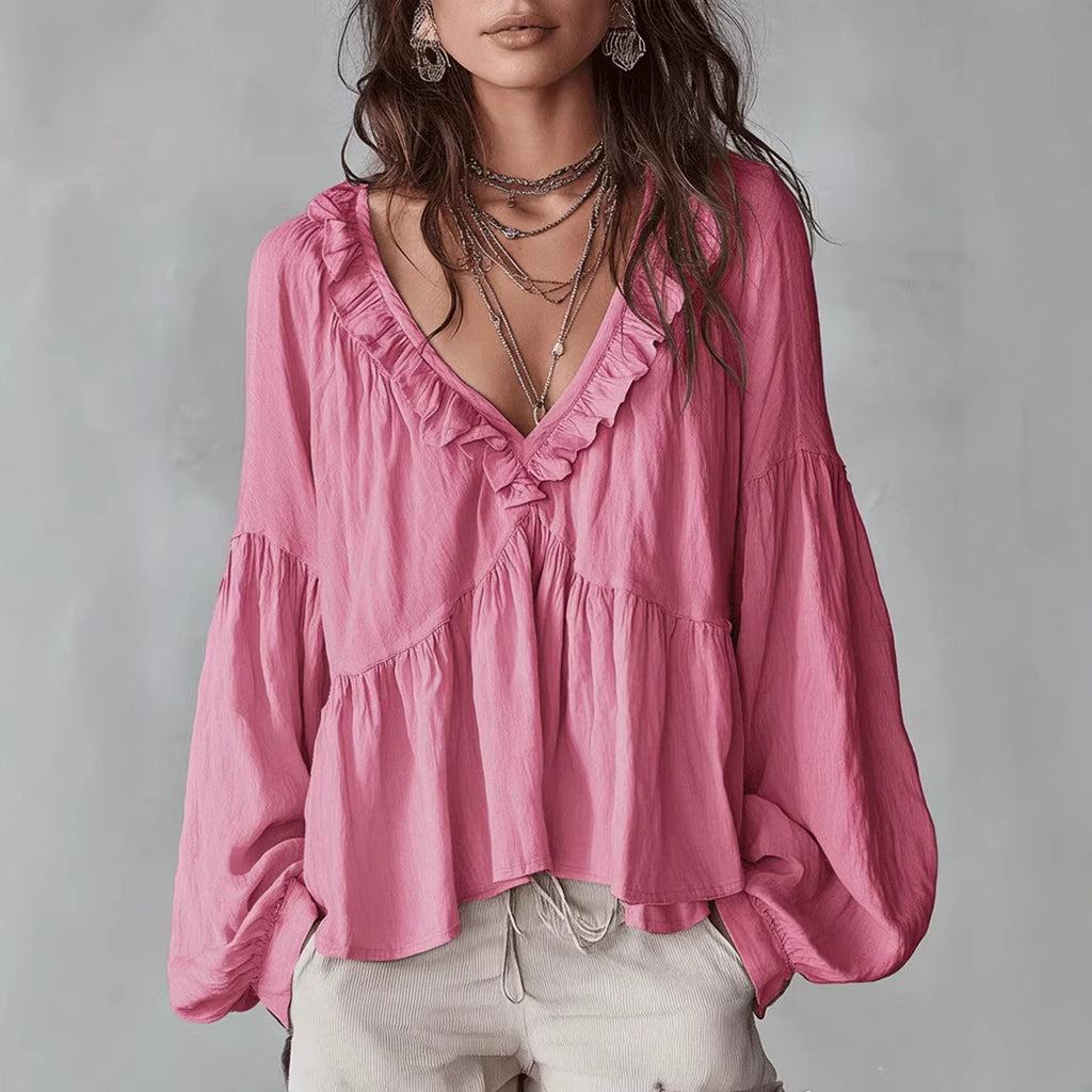 Rüschenbesetzte, plissierte Bluse mit Puffärmeln