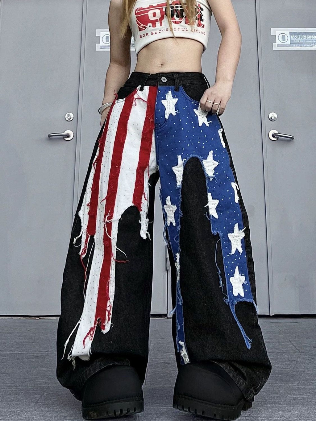 Women's American-style Washed Striped Heat-pressed Patch Jeans