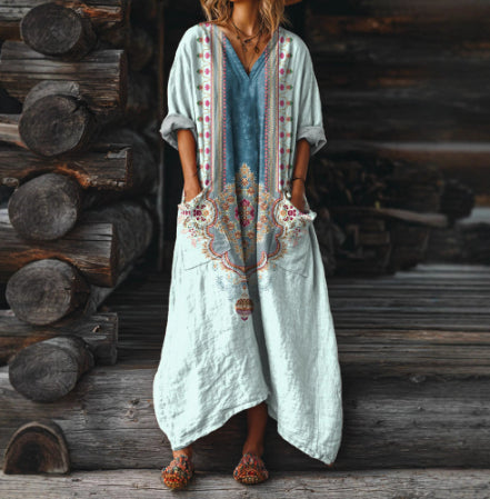 Womens Retro Floral Print V-Neck Dress