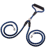 Double-ended dog traction rope with two handles and collar attachment for walking and controlling pets.