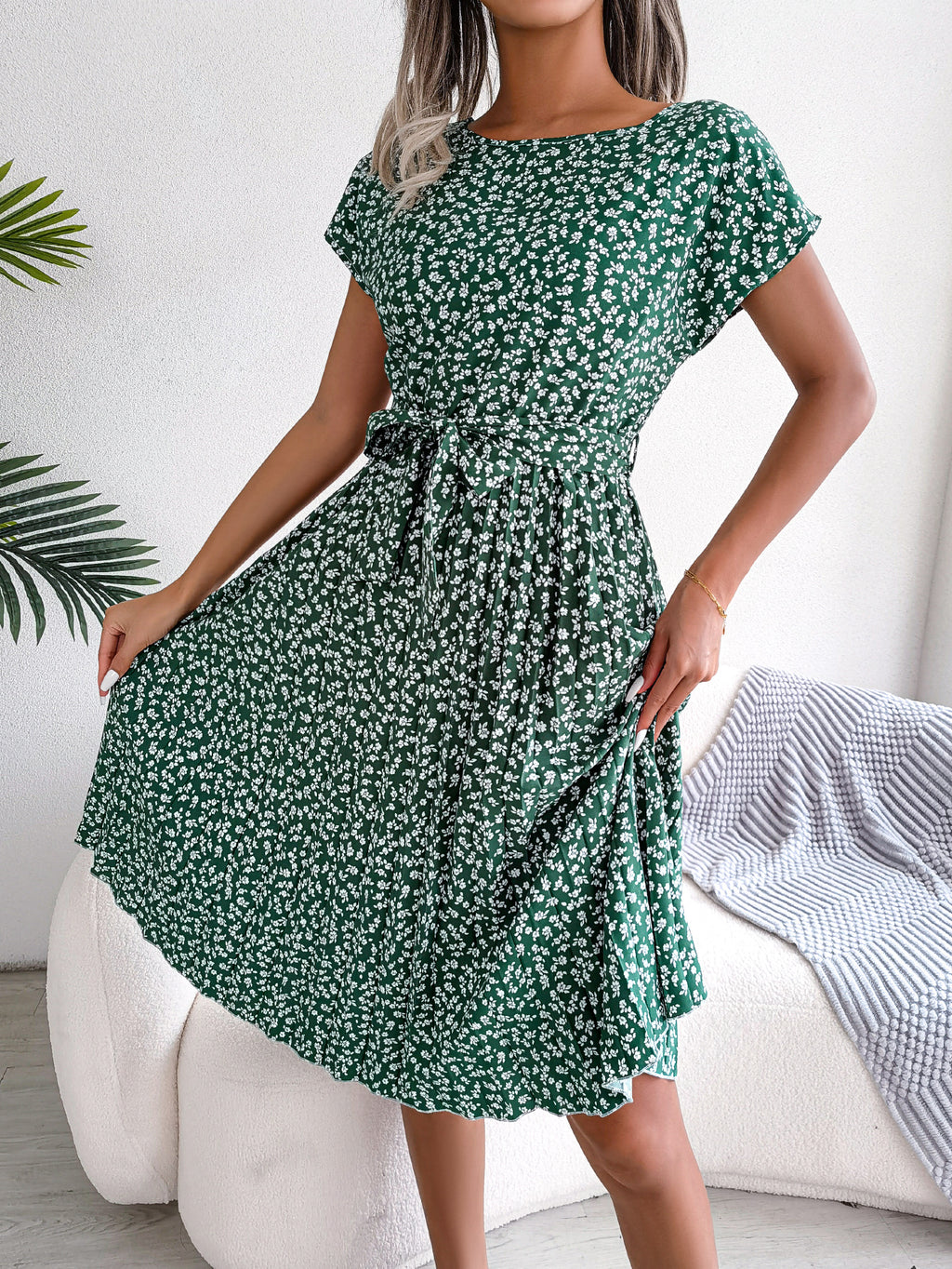 Women   Casual Short Sleeve Floral Print Flowy Pleated Skirt