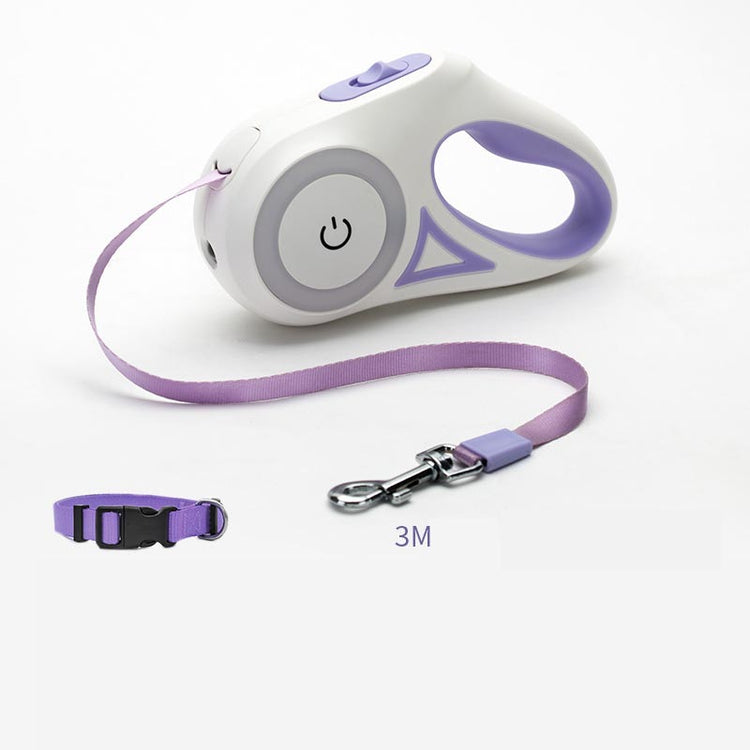 Retractable dog leash and collar set with LED spotlight for small and medium dogs, featuring automatic traction and durable design.