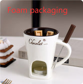 Set of small chocolate, cheese, and dessert fondue mugs with warmers, ideal for melting and serving sweets and dips.