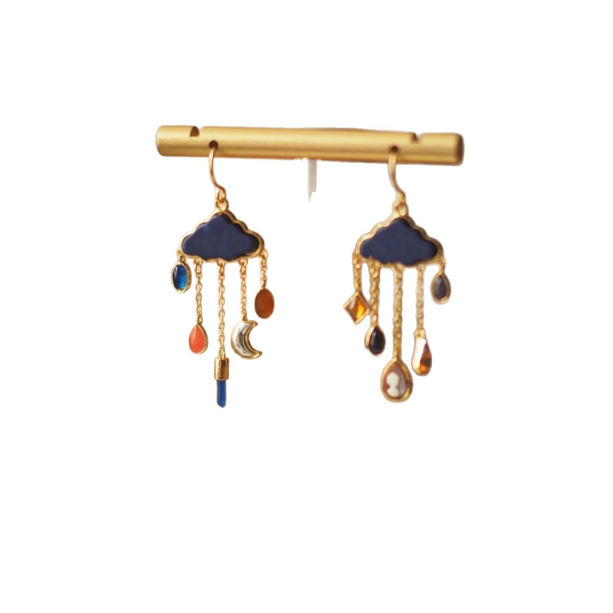 Blue Cloud Star And Moon Pendant Tassel Earrings