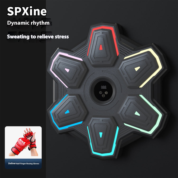Music boxing reaction training machine by Bucciato, featuring colorful lights and multiple reaction targets for fitness and boxing training.