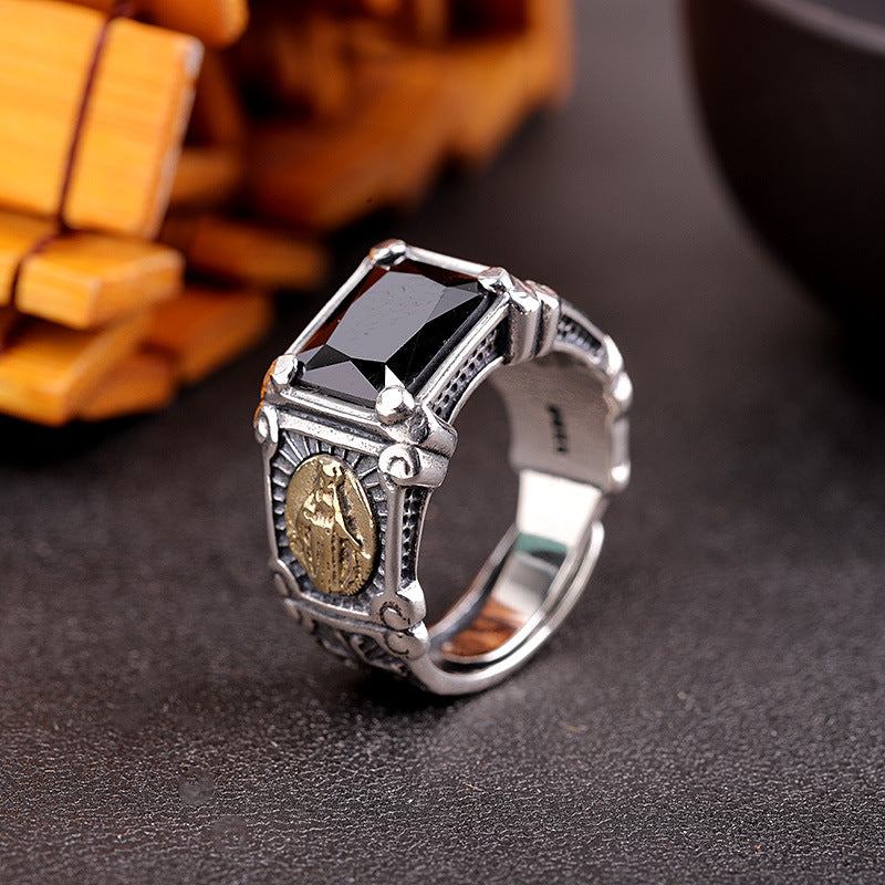 S925 Silver Jewelry Inlaid Men's Black Onyx Virgin Mary Ring