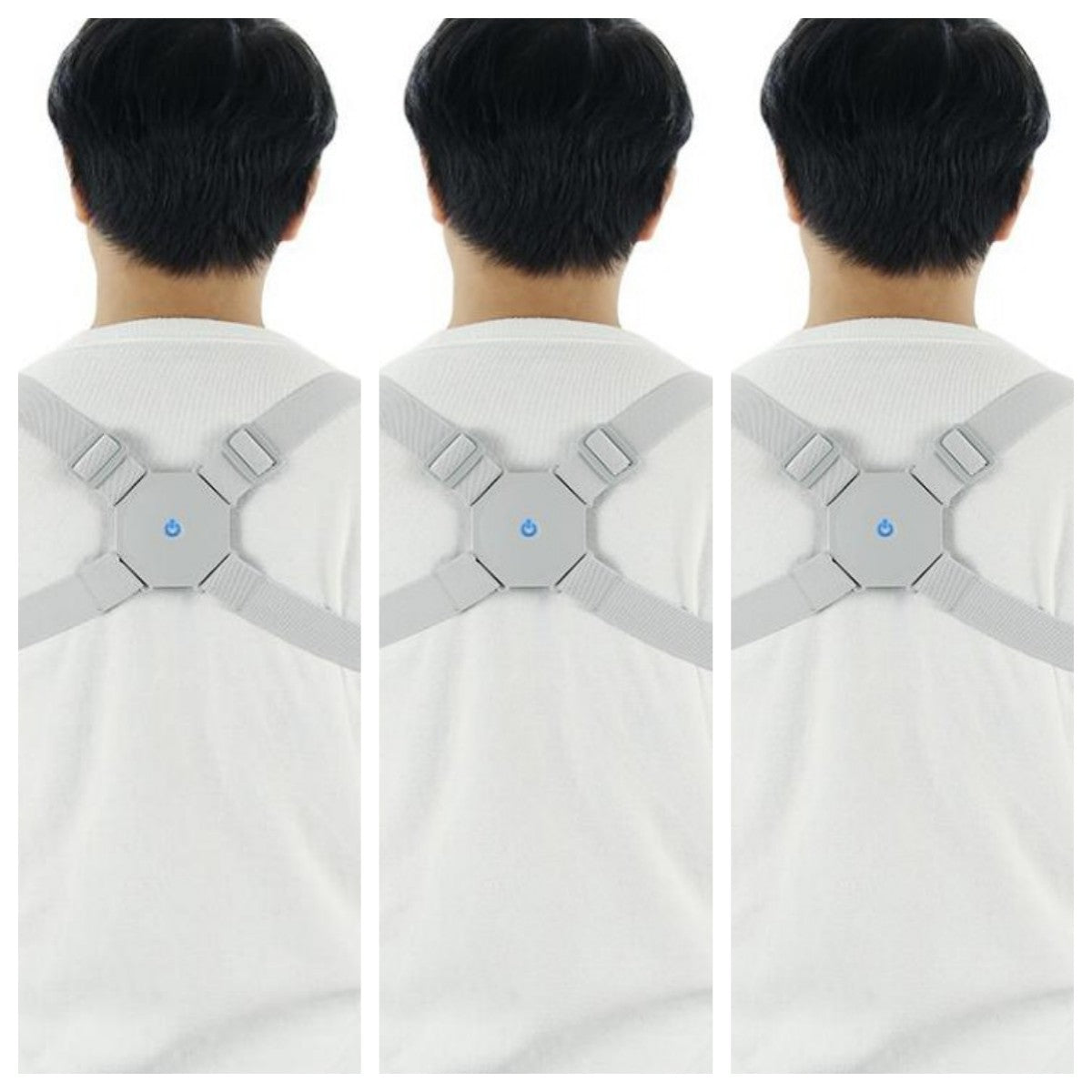 Adjustable smart back posture corrector in black with straps, designed to improve spinal alignment and posture support.