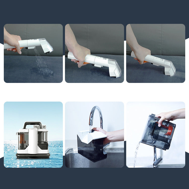 Small Bucciato fabric washing machine and multi-functional household vacuum cleaner shown with control panel and compact design.