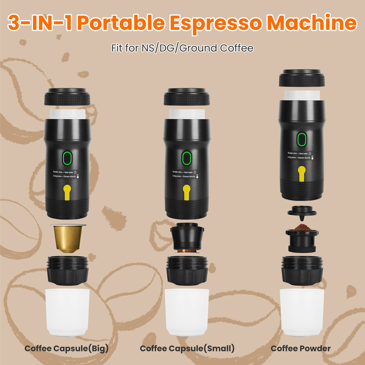 Portable electric espresso machine by Bucciato for ground coffee or capsules, compact self-heating coffee maker for travel and home.