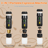 Portable electric espresso machine by Bucciato for ground coffee or capsules, compact self-heating coffee maker for travel and home.