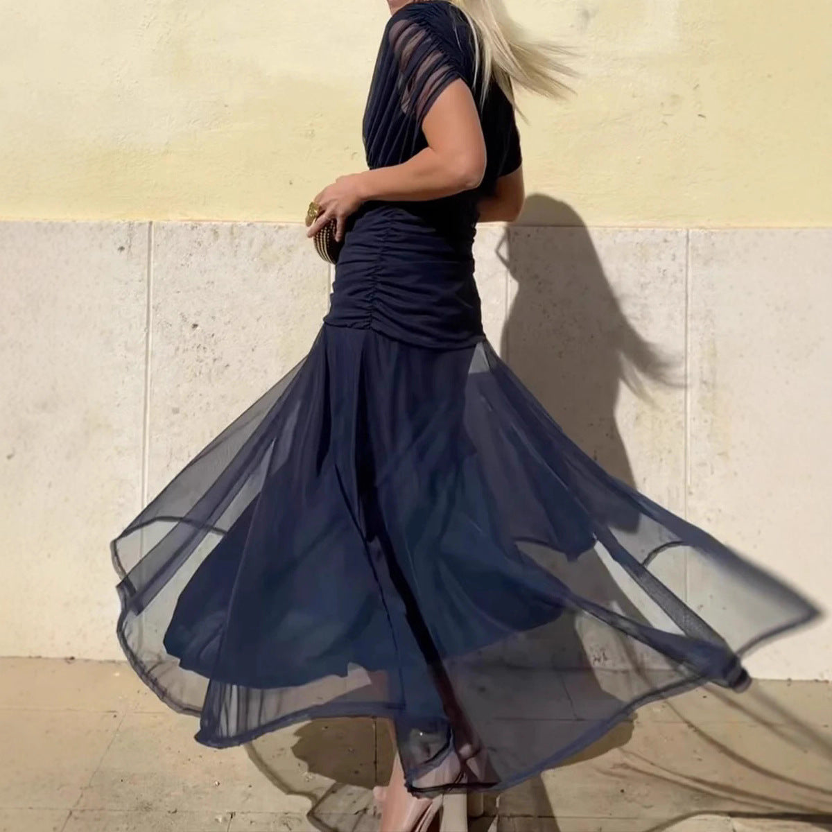 Europäisches und amerikanisches Frühlings-/Sommerkleid aus bedrucktem Mesh-Gewebe