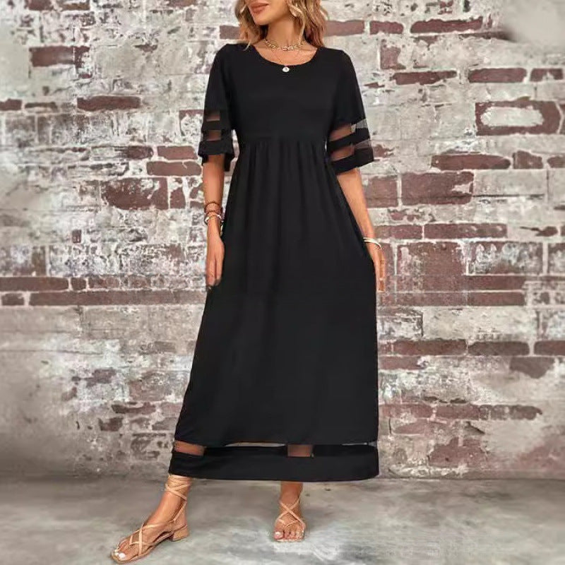 Womens Half-Sleeve Mesh Crew-Neck Patchwork Pocket Dress