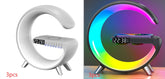 G Shaped LED Lamp Bluetooth speaker with wireless charger, atmosphere lighting, and app control, ideal for bedroom and home decor.