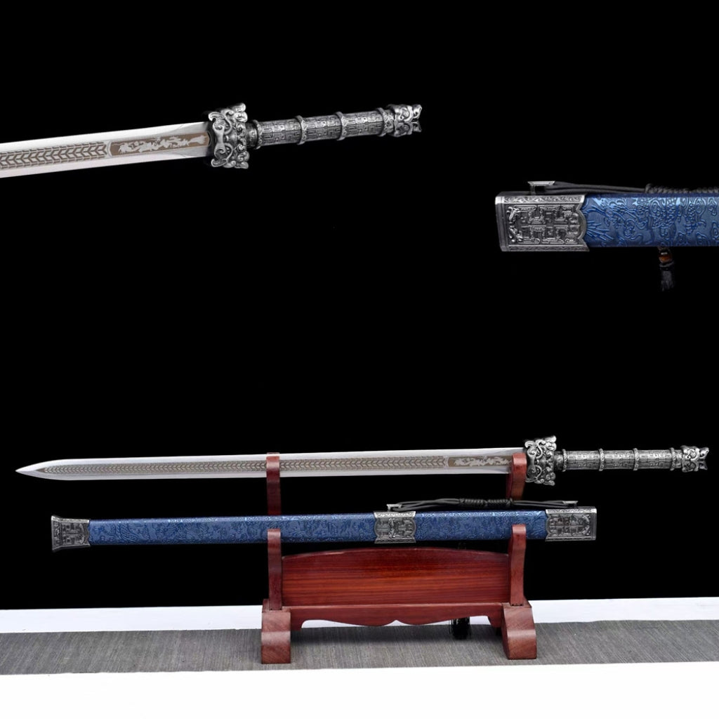Antikes Ganzschwert im Tang-Stil, Langschwert mit Manganstahlklinge, Han-Schwert, Tang-Säbel (horizontal), ungeschärfte Kaltwaffe