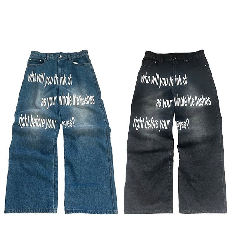 Herren-Hose mit Retro-Buchstabenprint, minimalistisch, weitem Bein