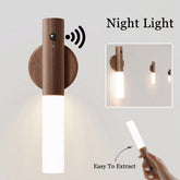 Wireless LED night light with magnetic wood design, PIR motion sensor, USB power, ideal for corridors, porches, and cabinets.