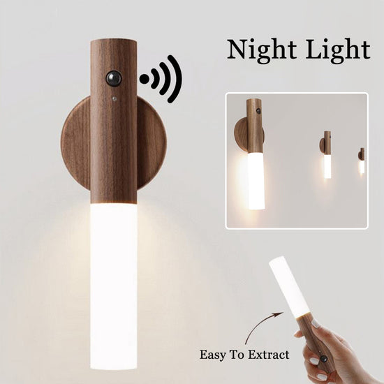 Wireless LED night light with magnetic wood design, PIR motion sensor, USB power, ideal for corridors, porches, and cabinets.