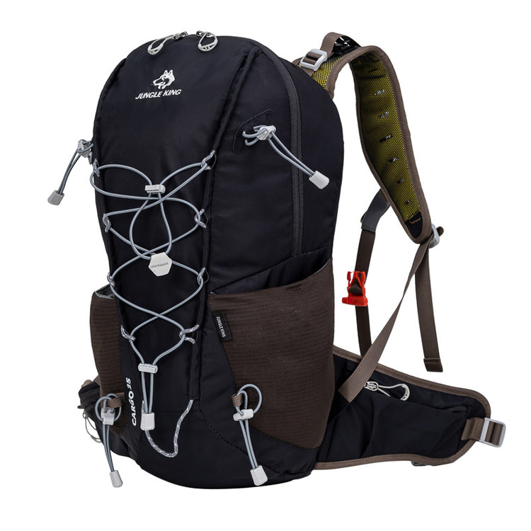 Foldable high-capacity hiking backpack with zipper closure, black outdoor gear from Bucciato, suitable for outdoor adventures.
