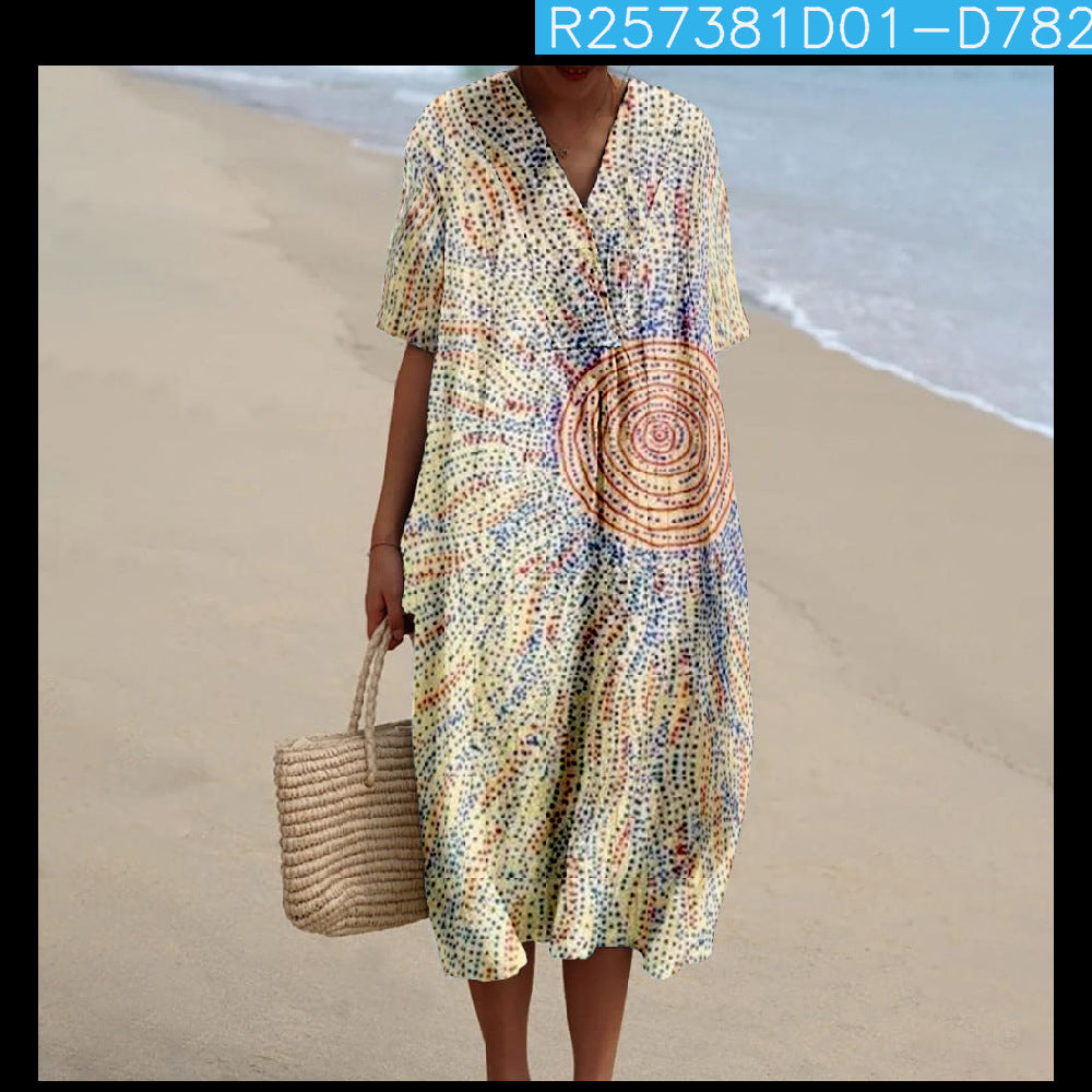 Damenmode Hemdblusenkleid mit V-Ausschnitt und kurzen Ärmeln