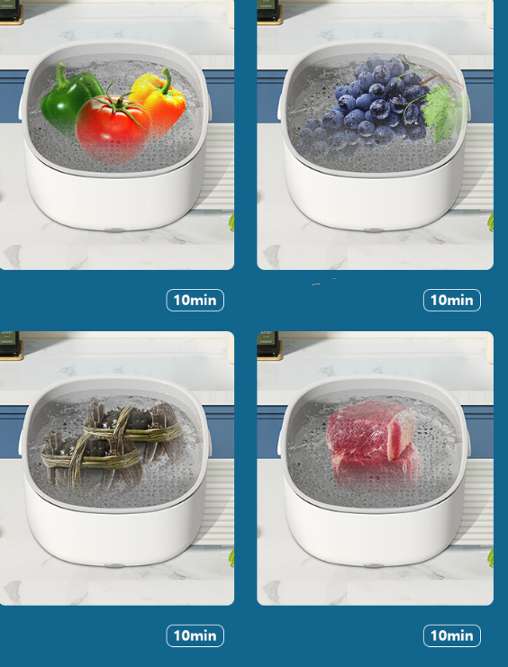 Portable Bucciato fruit and vegetable washing machine for household use, compact design with transparent cleaning chamber.