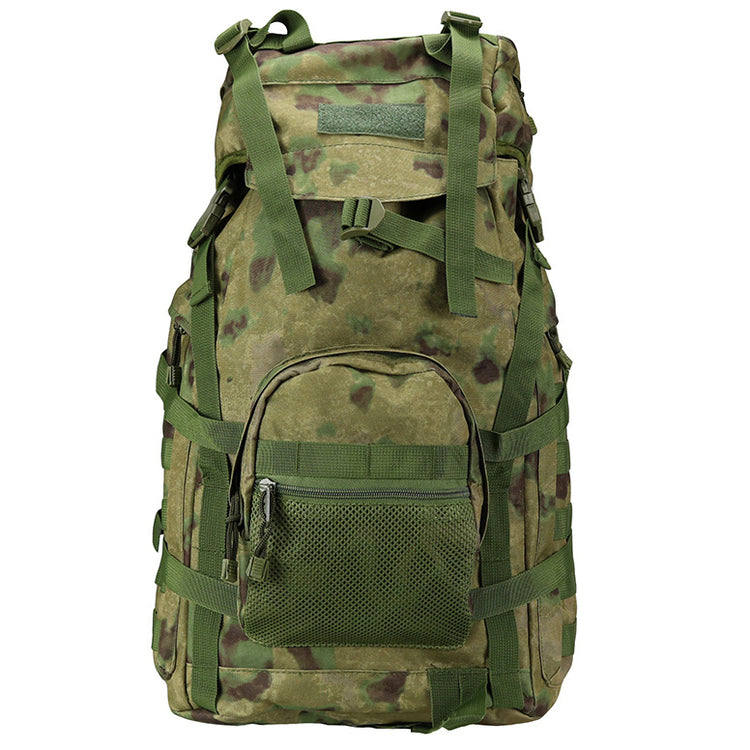 Camouflage backpack from Bucciato for camping, hiking, travel, and cycling, featuring multiple compartments and adjustable straps.
