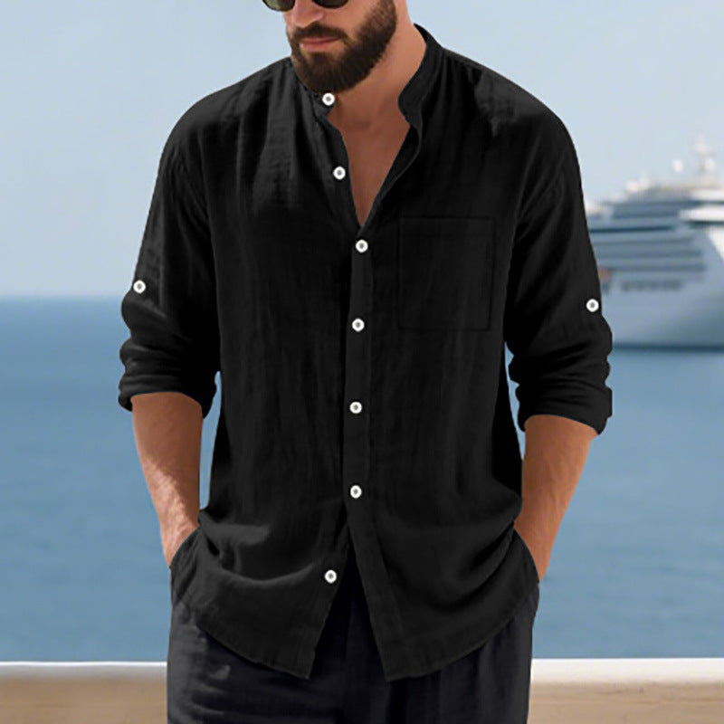 Breathable Linen Men's Button-Up Stand-Collar Long-Sleeve Shirt