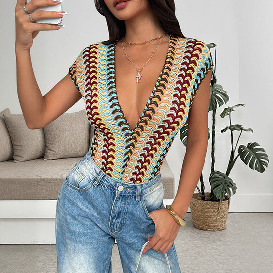 Neuer farbenfroher, gestreifter Jumpsuit für Damen mit Stickerei