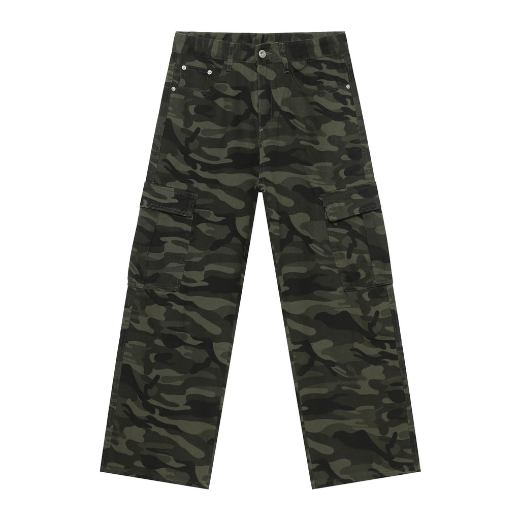 Mens Retro Camo Cargo Denim Jeans With Big Pockets