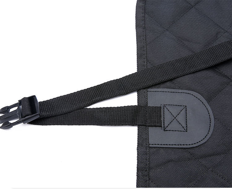 Dog car seat cover with mesh view, zipper pocket, and safety protector, designed for travel in rear back seat with hammock style.
