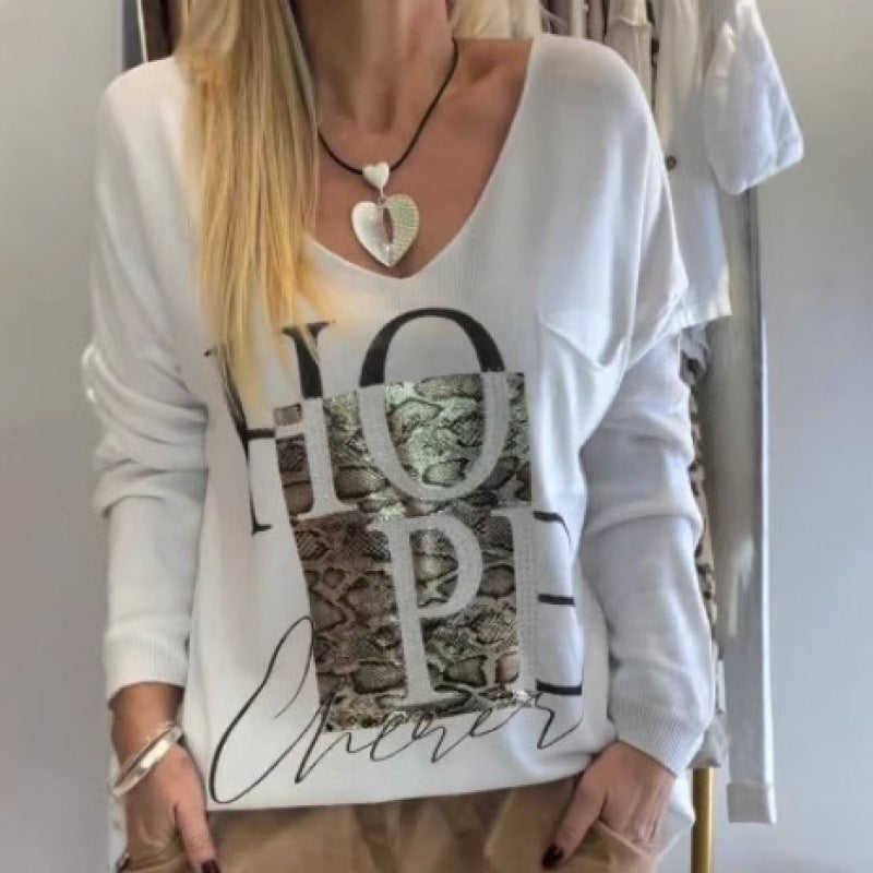 Digital-print V-neck Casual And Comfortable Long-sleeve Top