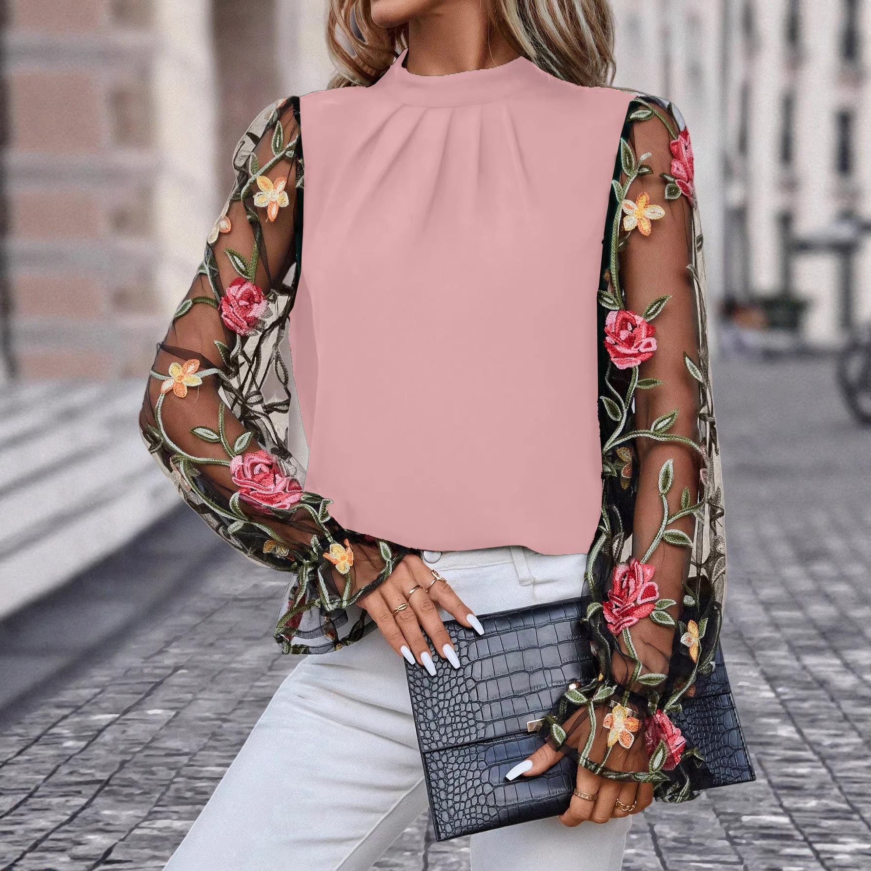 Women's Half-Neck Blouse With Patchwork 3D Embroidered Mesh Fabric