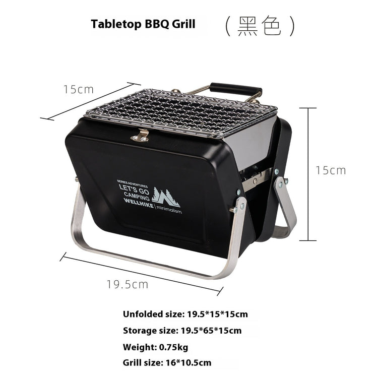 Portable outdoor mini barbecue oven from Bucciato, foldable design with compact metal construction for outdoor grilling.