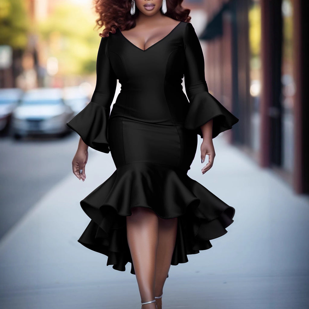Womens Flared Sleeve Long-Sleeve V-Neck Plus-Size Dress