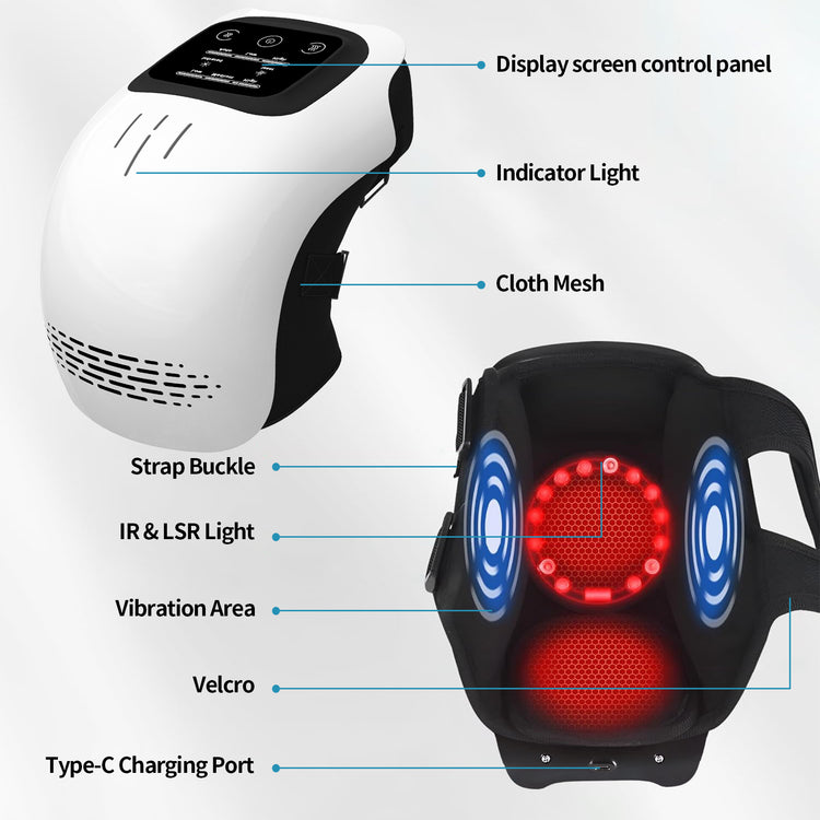 Bucciato intelligent knee massager with heating, infrared, and vibration features for pain relief, shown on a user&