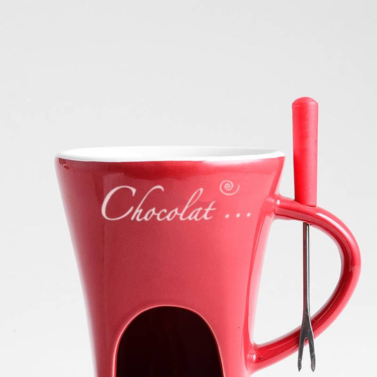 Mini fondue mug set with small pots for chocolate, cheese, or ice cream, ideal for dessert melting and serving.
