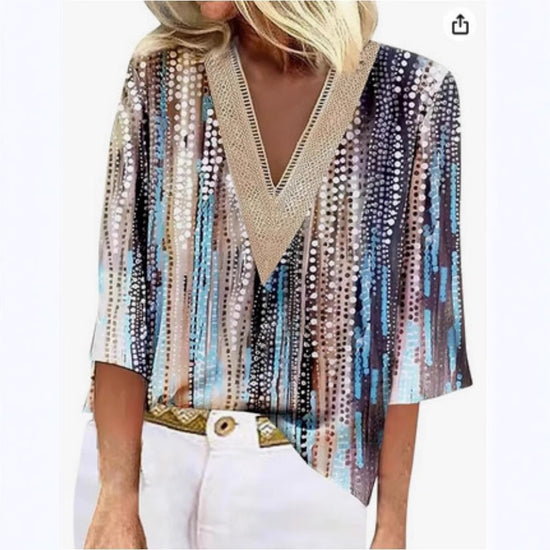 V-neck Lace-trimmed Printed Loose-fit Blouse Top